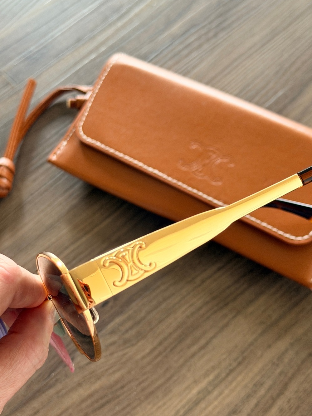 Celine Brown Leather Sunglasses Case with Gold-Trim Sunglasses - Picture 5 of 5